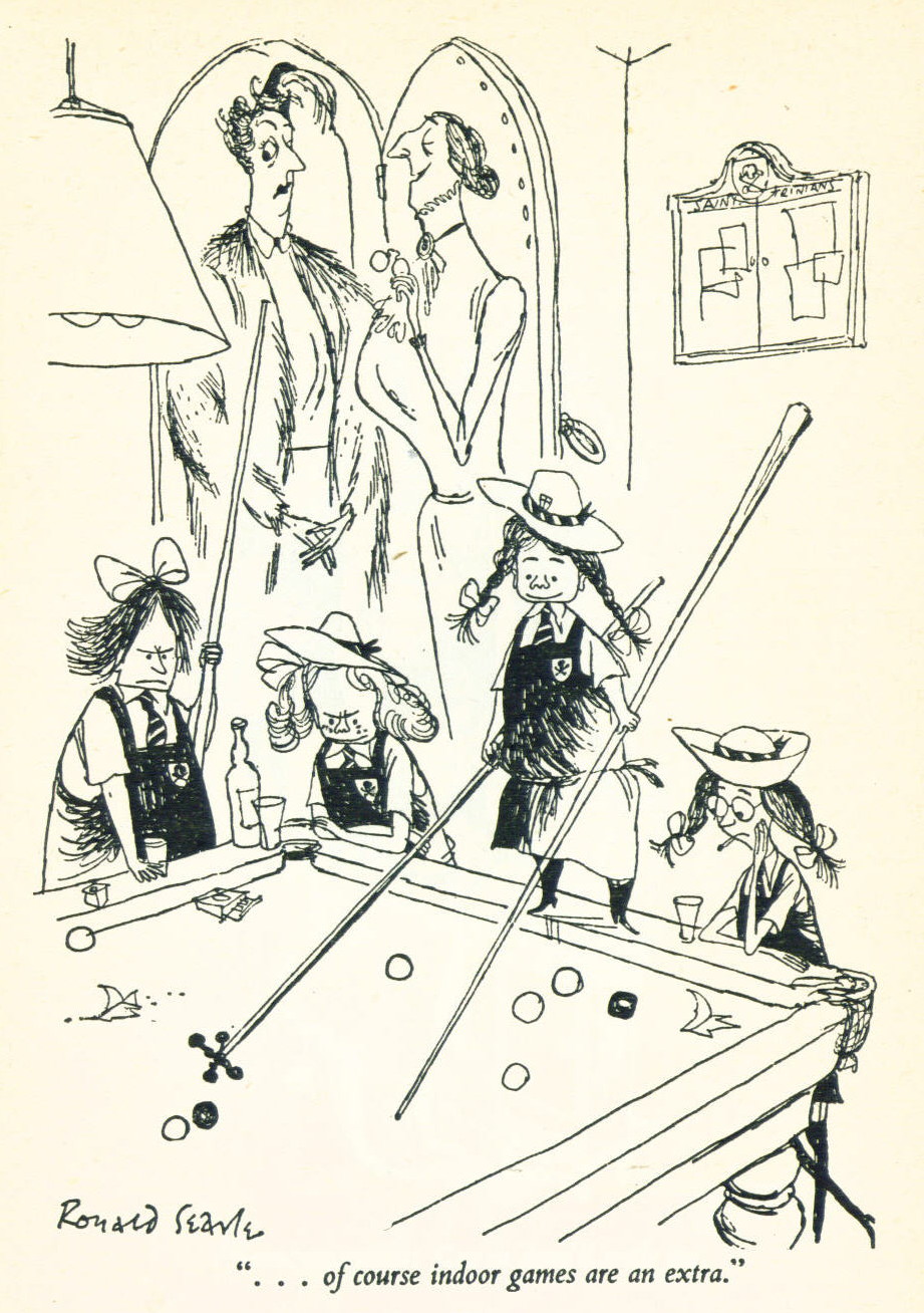 cartoon showing a group of schoolgirls playing pool, with behind them a schoolmistress saying 