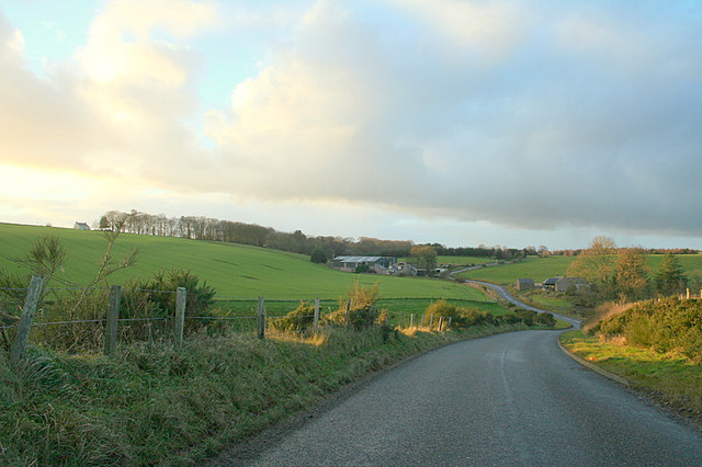 road winding across rolling farmland under a late-afternoon light, with farm buildings by the road in the middle ground