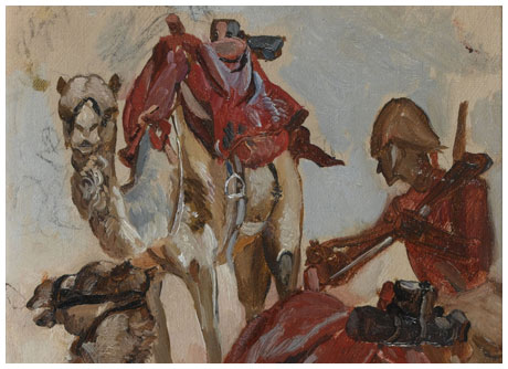 poster-like guache (or similar) painting of two camels wearing red saddles and saddle-cloths, and a soldier in a red jacked and beige pith-helmet