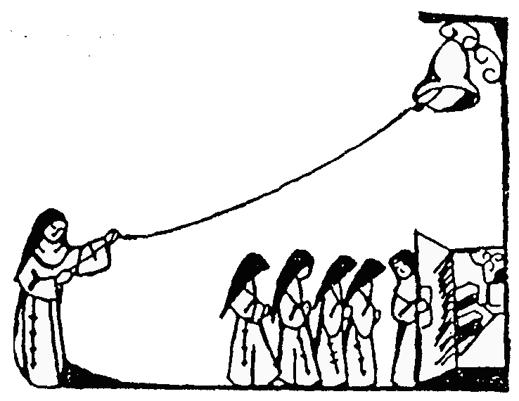 simple line drawing of a row of nuns approaching an open door while another one pulls on a bell-rope stretching diagonally above their heads