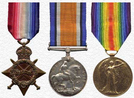 three medals: the left is a bronze 4-point star surmounted by crossed swords, a wreathe and a crown, with a ribbon striped from left to right in red, white and blue; the middle one a silver rondel of a naked rider with a ribbon with a wide orange stripe up the centre, flanked on each side by a narrow white stripe, very thin black and narrow bright blue; on the right a bronze rondel of winged Victory, with a ribbon in double rainbow colours, red at the centre and violet at the edges