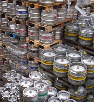 a photograph of a some beer kegs